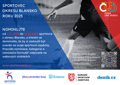 Nominujte sportovce z Okresu Blansko do 12.1.2026 Nominujte sportovce z Okresu Blansko do 12.1.2026